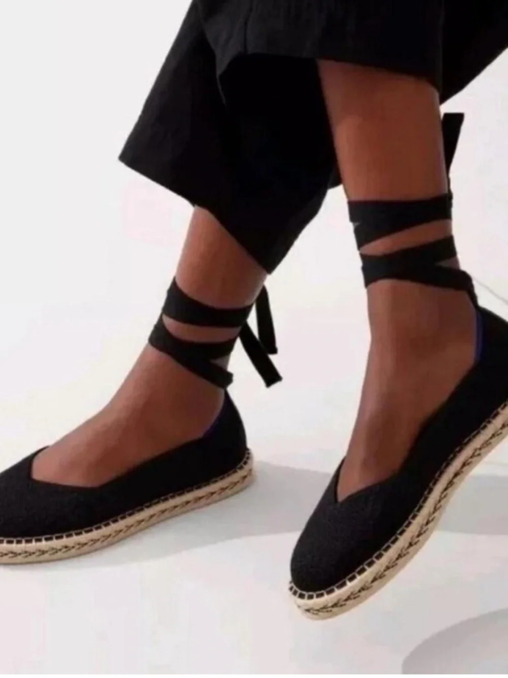 Rothy's Black Espadrille Ballet Flats with Ankle Wrap